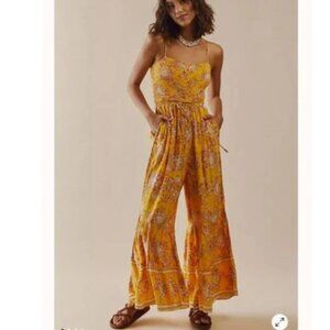 Free People:  Flowy Floral Smocked Jumpsuit, Size XS, Golden Yellow